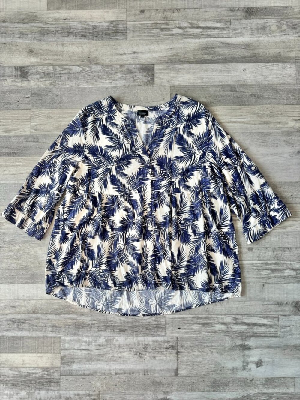 Jones & Co. Blue White Botanical Linen 3/4 Sleeve Top Size 2X I6